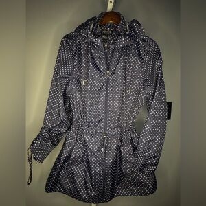 Jones New York Navy Polka Dot Hooded Rain Jacket Large
